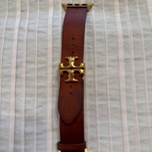 Tory Burch Brown Leather Apple Watch Strap with Gold Accent.